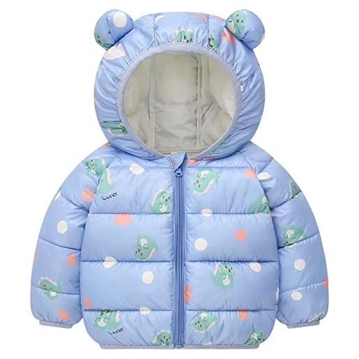 AIEOE cappotto bambino piumino con cappuccio stampata con foglia e dinosauro stare al caldo snowsuit adatto da 3-4 anni blu