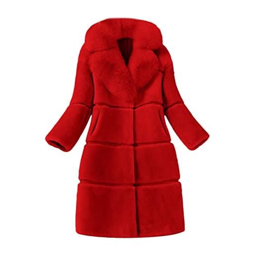 TDEOK cappotto di pelliccia da donna, lungo, trench da donna, a maniche lunghe, elegante, in pelliccia sintetica, tinta unita, per l'inverno, caldo, in finta pelliccia, colore: rosso, xxxl