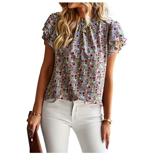 HENGNICE top da donna 2023 primavera ed estate nuovi top casual larghi alla moda camicie girocollo floreali casual (color: cachi, size: m)