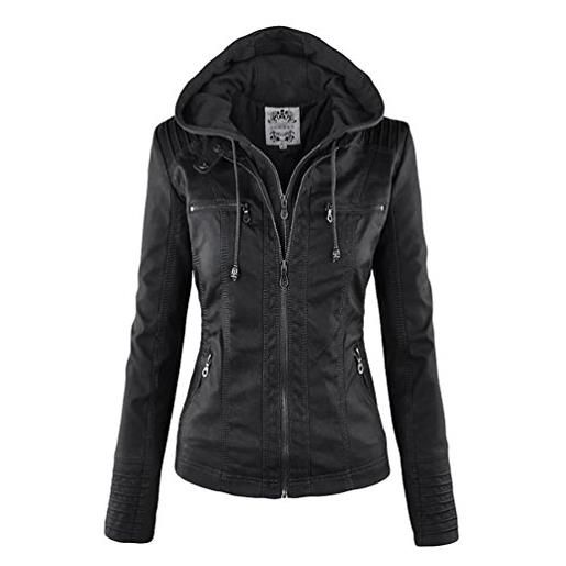 NiSeng - giacca da donna in similpelle pu, giacca da motociclista con cappuccio nero xxl