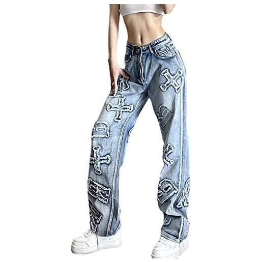 SMIMGO pantaloni larghi da donna y2k jeans gotici a vita bassa in denim flare pantaloni larghi a gamba dritta streetwear (colore: h4, taglia: s)