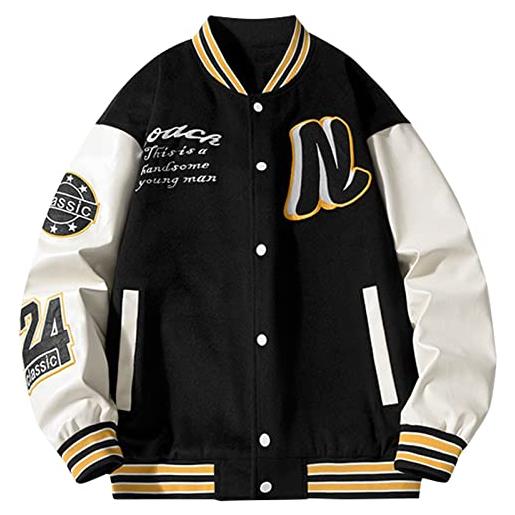 XIAOYAO giacche, stampa cuciture in pelle pu baseball varsity college jacket casual vintage unisex (l, nero)