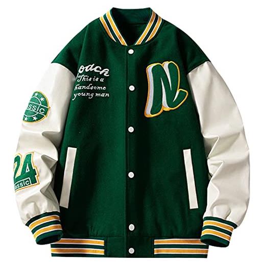 XIAOYAO giacche, stampa cuciture in pelle pu baseball varsity college jacket casual vintage unisex (l, nero)