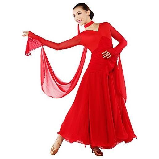 YC WELL abito da ballo, da donna, per liscio, tango, walzer, abito da ballo ideale per esibizioni red xx-large