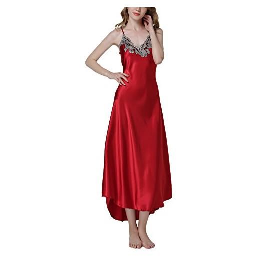 Asskyus biancheria da donna, pigiama da donna in raso. Ricami di fiori. Camicia da notte lunga (l, rosso)