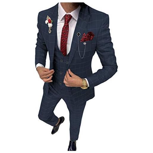 Solove-Suit completo da uomo in 3 pezzi, a quadri, slim fit, blazer, smoking, per sposi (blazer + gilet + pantaloni), navy, 42
