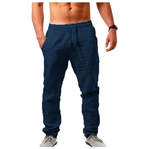 Vanvene pantaloni casual da uomo, in lino, leggeri, elasticizzati in vita, pantaloni da jogging marina militare m