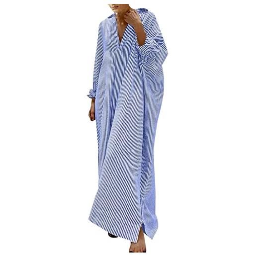 Generic vestito bianco abito da donna in camicia di cotone e lino a righe abiti lunghi larghi casuali abito lungo pizzo manica lunga (blue, xl)