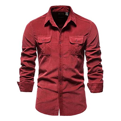 WJANYHN camicia da uomo slim casual in cotone tinta unita multicolore in velluto a coste da uomo primavera, autunno e inverno
