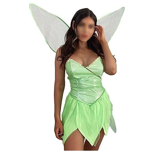 FeMereina costume da fata donna elfo della foresta halloween forest fairy princess dress sexy tinta unita con paillettes a tubo top cosplay abito corto con ali abito foresta fata fiore verde (verde, l)