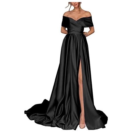 DUMOO abito da sera da donna, in raso, con scollo a v, senza spalline, lungo, lilla, 46