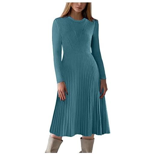 ORANDESIGNE vestito casual donna invernale in maglione abito vita alta elegante in girocollo di orlo svasato abito linea a in maglia al ginocchio caldo di moda treccia ritorta b blu l