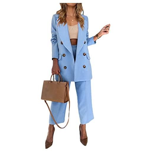 YAOTT completo da donna in due pezzi, elegante casual risvolto giacca con doppiopetto e pantaloni completo da ufficio tailleur formale caldo e accogliente, blu, l