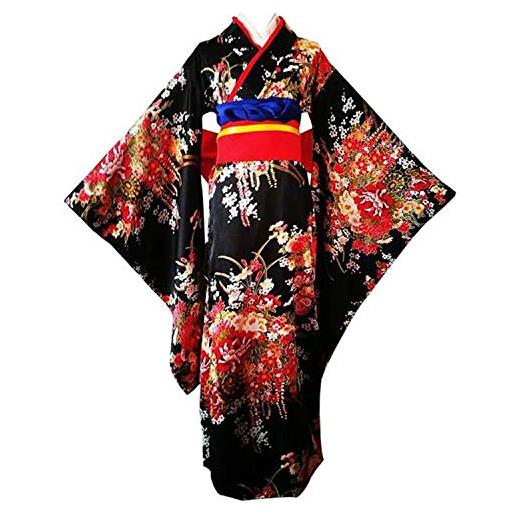 HFFYYQ costume kimono da donna adulto giapponese yukata dolce motivo floreale abito fiore raso accappatoio pigiameria con cintura obi, blu2, medio