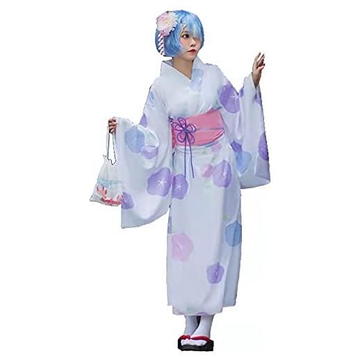 HFFYYQ costume da kimono da donna per adulti giapponese yukata dolce motivo floreale abito fiore raso accappatoio pigiameria con cintura obi, rosso, m