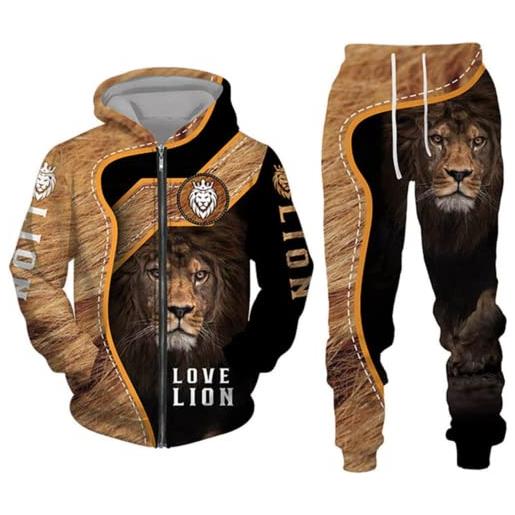 Generic tuta da uomo con motivo a tigre, leone, con stampa 3d, con cappuccio e pantaloni da jogging, set da 2 pezzi, felpa con cappuccio, m