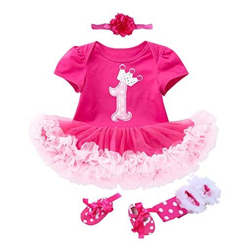 BabyPreg pattini della fascia del vestito dal primo compleanno del modello della corona delle neonate 4 pezzi (12-18 mesi, rosa caldo corto)