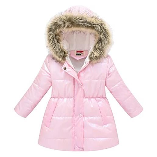 AIEOE giacca piumino stampata con cappucio e zip pelliccia a maniche lunghe invernale per bambina e ragazza adatto da 7-8 anni rosa