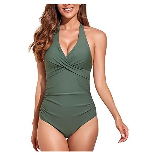 HMRigbly costume da bagno intero da donna summer tummy control push up scollo a v dimagrante costume da bagno vacanza beachwear, verde militare. , l