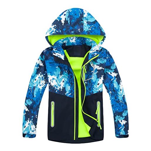 FTCayanz giacca bambini impermeabili vento giacche con cappuccio foderato in pile giubbotto sport all'aria aperta poncho verde 130-140