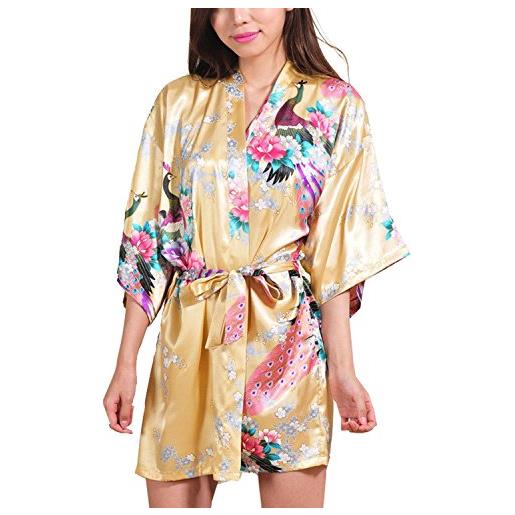 ECHERY donna kimono accappatoio raso seta pavone fiori vestaglia corta pigiameria matrimonio party carnevale camicia da notte taglia s verde scuro