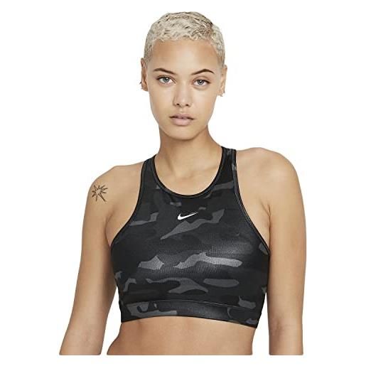 Nike reggiseno sportivo da donna, con supporto medio, motivo mimetico, con collo alto, dri-fit swoosh, grigio/nero, s