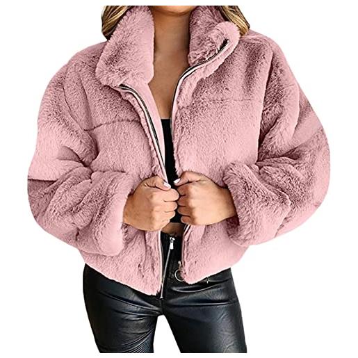 YAOTT giacca invernale da donna con cerniera calda giacca sherpa collo alto cardigan peluche cappotto parka cappotto in pelliccia sintetica elegante trench orsetto cappotto corto rosa s