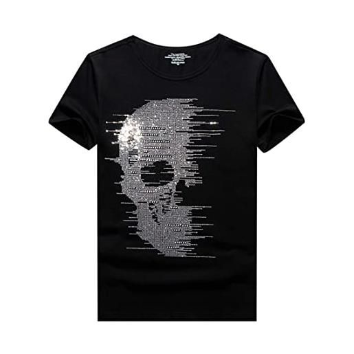 HZCX FASHION maglietta da uomo con teschio con strass e maniche corte con colletto rotondo, 934 nero, xl