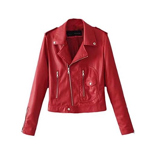 DianShaoA donna autunno inverno risvolto giacca giacchetto pelle ecopelle corto slim giacca da motociclista rosso l