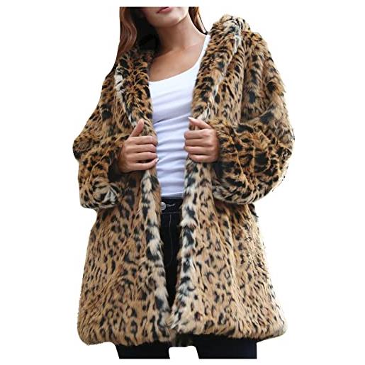 yiouyisheng cappotto in pelliccia sintetica da donna, con motivo leopardato, per autunno e inverno, in pelliccia sintetica, a01 marrone, m
