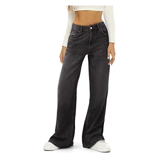 FeMereina pantaloni da donna y2k a vita bassa grafica stelle modellati jeans in denim a gamba larga casual dritti pantaloni larghi vintage e-girl streetwear, b-nero, xl