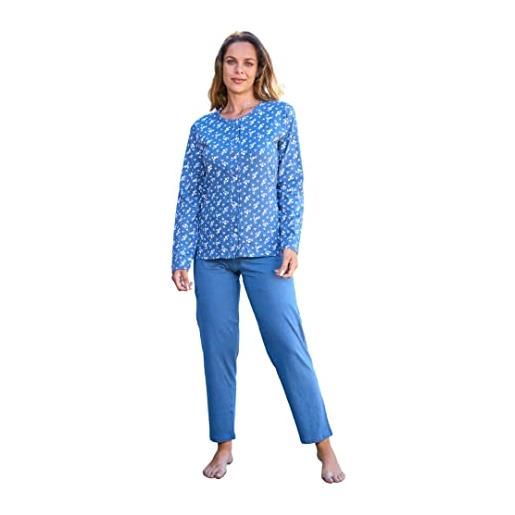 Leo Corsetteria pigiama donna cotone aperto con bottoni e tasca manica lunga pantalone lungo 54 blu