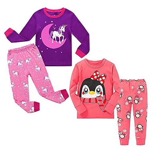 Babyfashion bambine 4 pezzi pigiama a maniche lunghe per ragazze pajama set 100% cotone(penguin-unicorn, 3 anni)