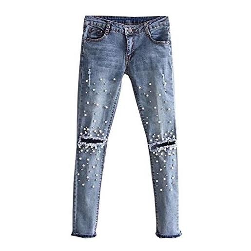 Lanceyy pantalone jeans donna elasticizzato con perle jeans skinny tinta grazioso unita con tasche bottone outdoor denim pantaloni a matita stlie (color: bleu troué, size: 34)