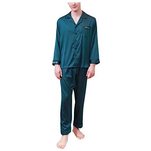 YAOMEI coppie pigiama per uomo raso, 2019 uomo lungo primavera estate pigiama da notte, uomo pigiama controllare bottoni camicia collare con pocket (l, verde)