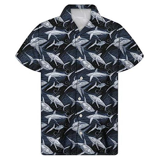 Showudesigns - camicia da uomo a maniche corte, stile hawaiano, con bottoni sulla spiaggia, estate, taglia 2xs-4xl squalo nero xl
