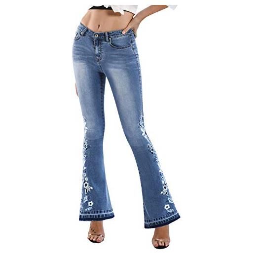 semen pantaloni da donna svasati in jeans lavati lunghi pantaloni in denim con ricamo floreale fondo campana blu 48-50