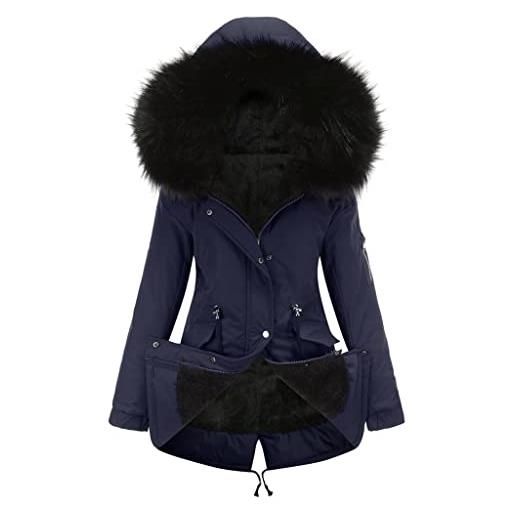 Freenfitmall cappotto invernale da donna addensare cotone trapuntato pelliccia parka con cappuccio caldo pile giacca donna outerwear piumino, blu navy, xl