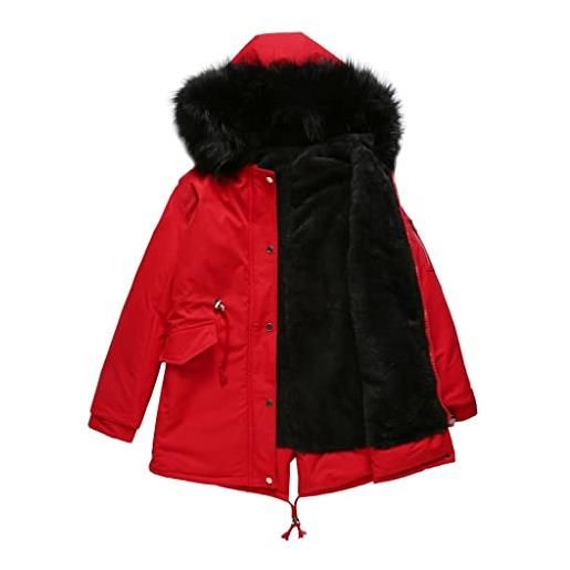Freenfitmall cappotto invernale da donna addensare cotone trapuntato pelliccia parka con cappuccio caldo pile giacca donna outerwear piumino, rosso nero, xxl