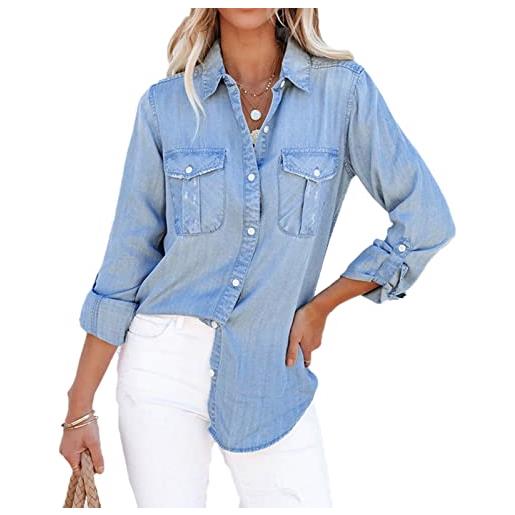 Suncolour camicia di jeans abbottonata da donna in cotone casual manica lunga tasca tunica top manica arrotolata camicetta di jeans leggera