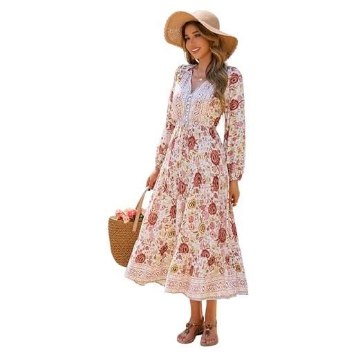 R.Vivimos donne estate casual elegante retro bohemian floreale lungo abito a maniche lunghe scollo a v vestito sciolto maxi(l, white-dusry. Pink)