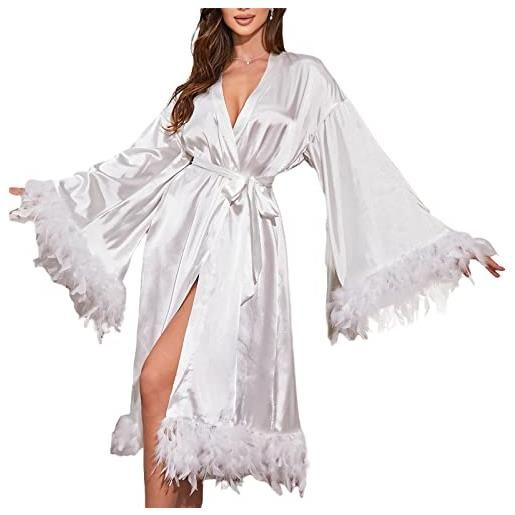 FeMereina vestaglia da sposa in raso da donna in pelliccia di piume accappatoio da notte da sposa in raso di seta con cintura, bianco, etichettalia unica