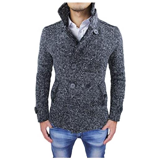 Evoga cappotto giacca uomo invernale grigio nero tweed giubbotto trench slim fit (s, grigio nero)