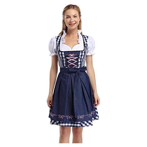 Generic abito da donna per oktoberfest, costume tradizionale bavarese, vestito a tre pezzi in rete con motivo scozzese, vestito in tre pezzi, blu jean. , xl