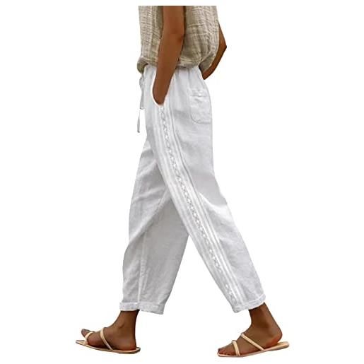 Baiomawzh palazzo - pantaloni estivi da donna in lino, modello 7/8, eleganti, a gamba dritta, per il tempo libero, leggeri, in tessuto, taglie forti, bianco, xxl