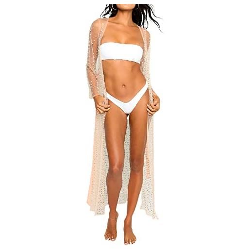 FeMereina costume da bagno sexy da donna con perla da spiaggia e bikni a maniche lunghe con strass coprono il vestito midi, q-skin, l