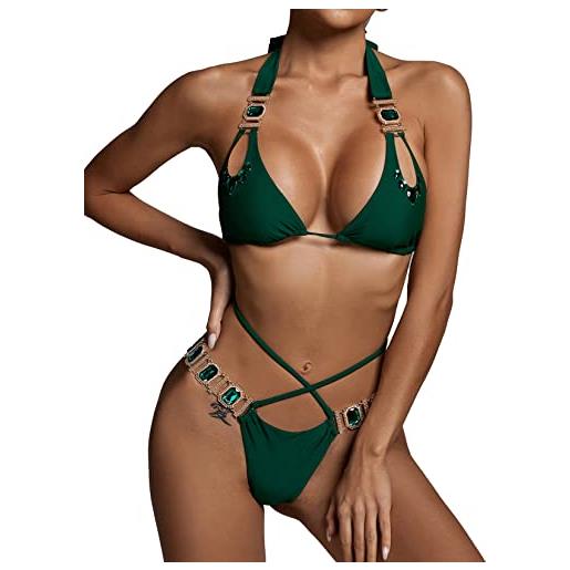BELLA BARNETT bikini di cristallo set crossover strappy due pezzi beachwear costumi da bagno delle donne halter bikini costume da bagno con diamante, verde, m