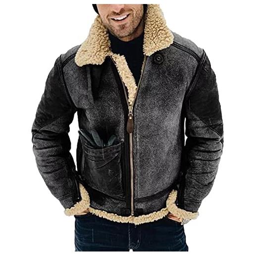 MANYMANY giubbotto bomber da uomo in pelle con risvolto in pelliccia da uomo fodera in pile sintetico giacca volante invernale elegante cappotto da aviatore