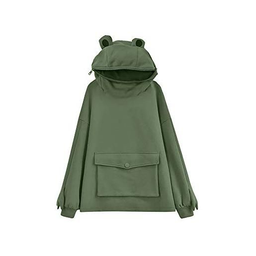 GuliriFei cappotti con cappuccio della rana della novità delle donne, giacche sveglie della felpa con cappuccio di colore solido del manicotto, verde, s