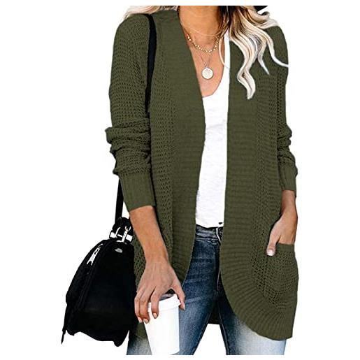 Greensen cardigan da donna maglione oversize manica lunga aperto sul davanti cappotto maglione lavorato a maglia waffle di colore puro con tasche(m-verde militare)